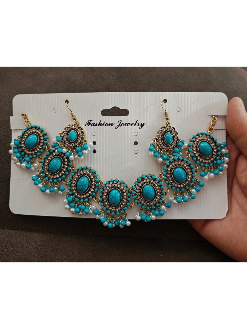 Bohemian Style Synthetic Turquoise & Faux Pearls Choker Necklace & Earrings Set